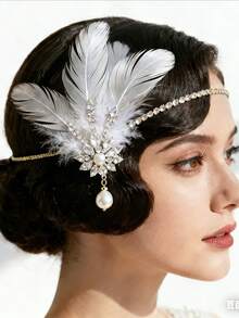 1pc 1920s New Feather Headpiece, Elegant Single Dancer Ball Rhinestone Hair Chain For Women - Gold - View 1