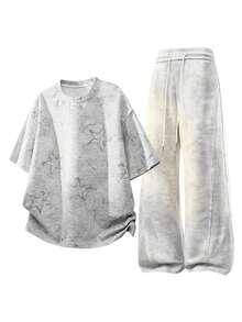 Men's Round Neck Five-Pointed Star Pattern Mid-Sleeve T-Shirt And Drawstring Waist Wide-Leg Pants Casual Daily Suit - Light Grey - View 2