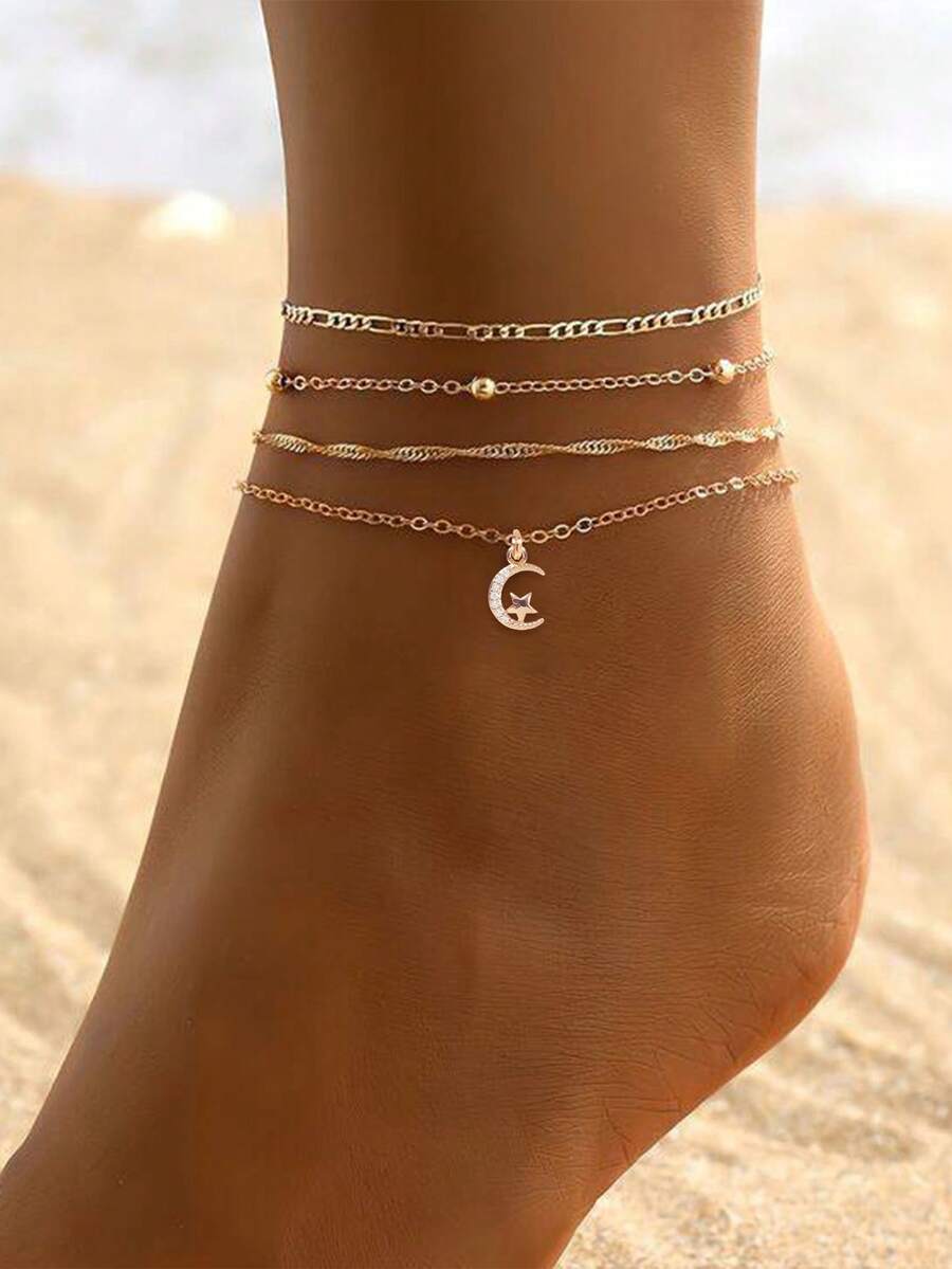 Nooxian 4pcs/Set Bohemian Beach Resort Micro-Inlaid Zirconia Star & Moon Pendant Multi-Layer Anklet, Suitable For Women Holiday Casual Wear (Bead Quantity Random) - Yellow Gold - View 1