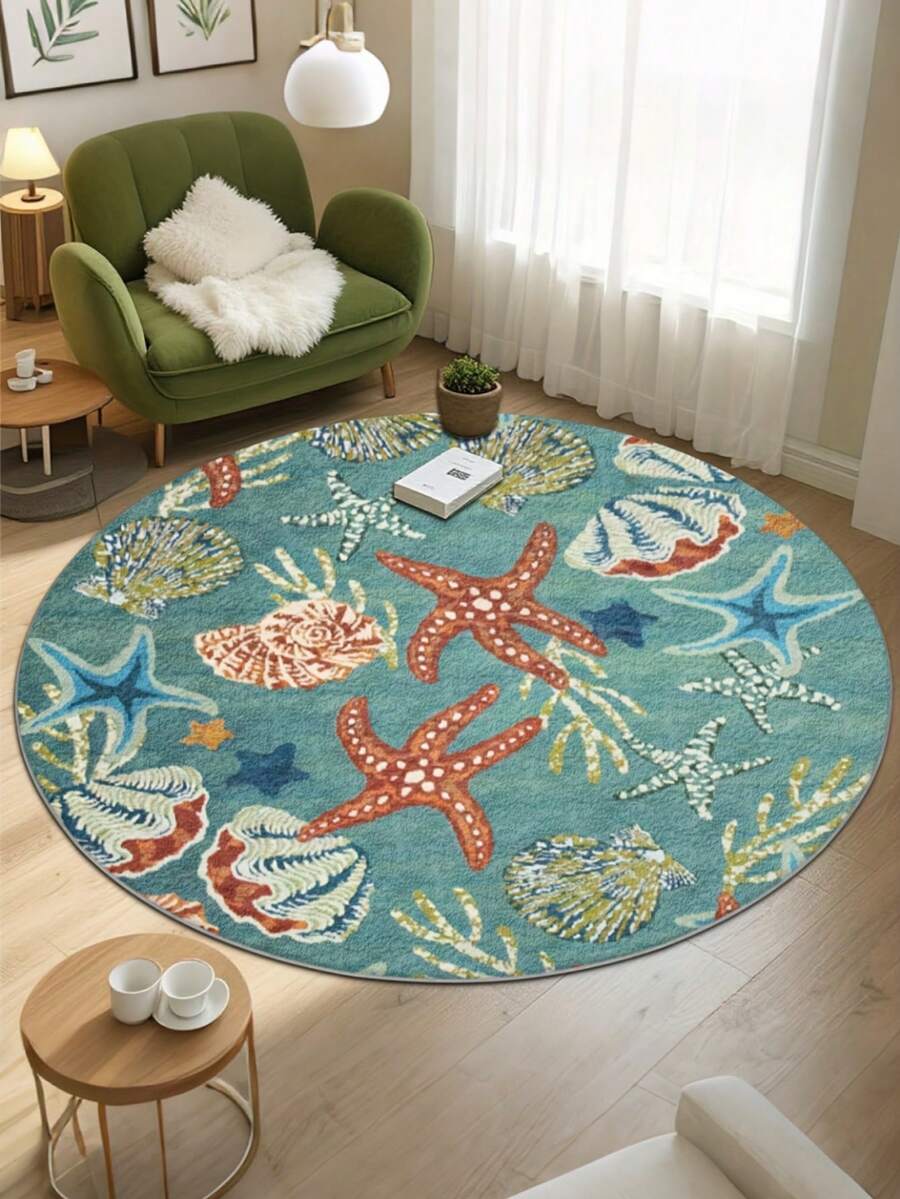 1pc Seashell & Starfish Round Rug - Fresh Coral Print Mat, Soft & Comfortable Round Carpet, Decorative Rug, Bedroom Decor, Small Rug, Carpet, Home Decor, Living Room Rug, Small Living Room Rug, Bedroom Rug, Living Room Home Decor, Outdoor Rug, Washable Rug