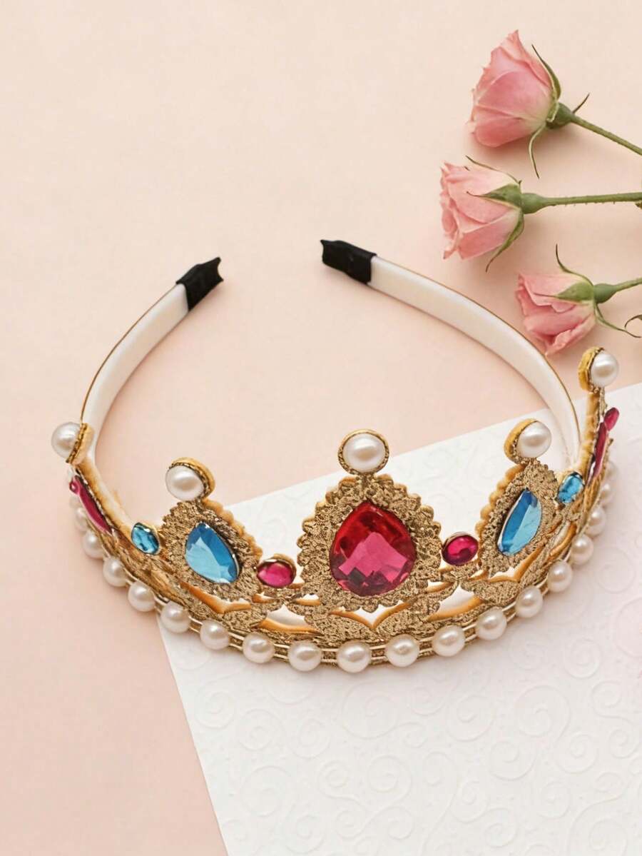 Retro Faux Pearl & Gemstone Crown Headband, Birthday Party Costume Headpiece, Cosplay Headwear, Children Hair Accessories - Gold - View 1