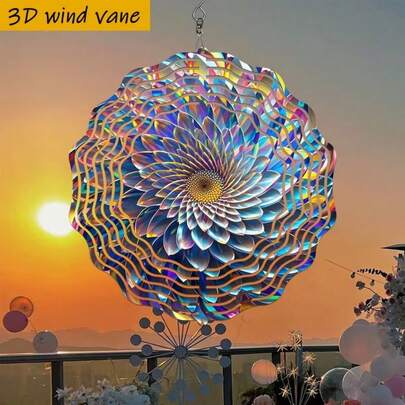 1个3D立体花形风向标，带360°旋转挂钩 - 10英寸圆形金属风铃，色彩绚丽的花瓣和彩虹色调，适用于室内/室外花园、门廊、婚礼、派对装饰 - 无需电池/电源，安装简便，经久耐用，包含随机款式的旋转挂钩