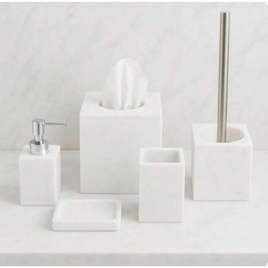 5 Piece Bathroom Accessories Set Complete Faux Marble and White Bathroom Accessory Set Tissue Box Toilet Brush Soap Dish Soap Dispenser Toothbrush Holder - Efecto mármol blanco y gris pálido - Ver 1