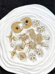 16/18 pièces Série or/argent (paysage marin, palmier, voilier, fleur etc.) Décorations de chaussures, Breloques de chaussures amovibles, Élégant à la mode, Convient pour les sandales, les pantoufles, Idéal pour les cadeaux de vacances - Multicolore - Voir 12