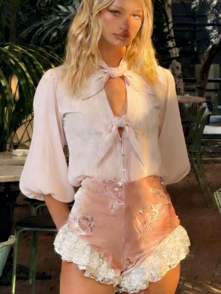 Blusa elegante de manga farol de 3/4 con cuello de corbata a rayas, diseño de doble lazo, de corte holgado, color rosa, para primavera - Rosa - Ver 1