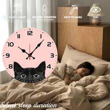 Cute Black Cat Background Wall Clock - 10inch Wooden Veneer Round Silent Flat Wall Clock - Batteries Not Included - Suitable For Living Room, Bedroom, Outdoor Party Decoration, Holiday Gift, Festive Room Decoration Geometric Wall Clock,Battery Operated Wall Clock,Battery Wall Clock,Silent Wall Clock,Reloj De Pared,Room Decor,Clock - Style 1 - View 6