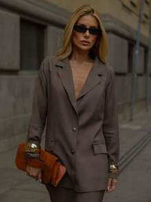Women's Oversized Tailored Blazer And High-Waisted Wide-Leg Trousers Set - Elegant Formal Wear - 深灰色 - 查看 4