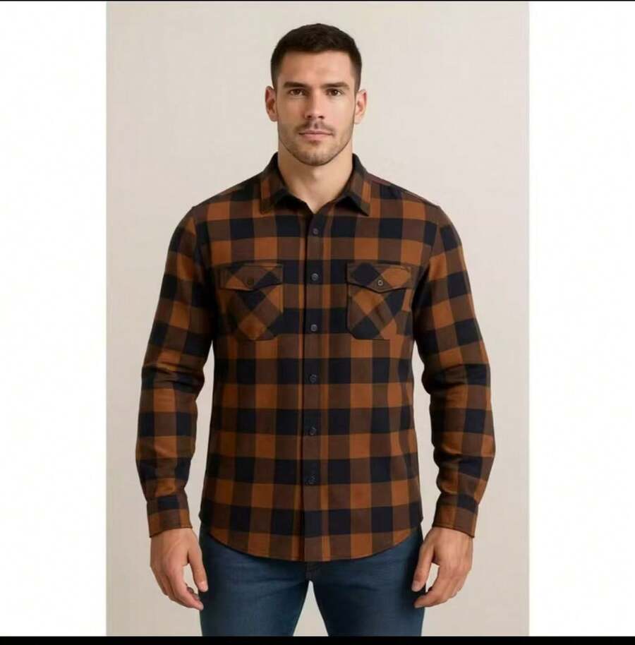 Men's Long-Sleeved Flannel Plaid Dress Shirt, Sizes S To XL - màu nâu - Xem 1