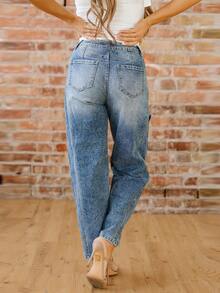 Women's Casual Straight Leg 7/8 Length Jeans, Frayed Hem, Medium Stretch, Fashion Relaxed Retro Style Spring - Blue - View 2