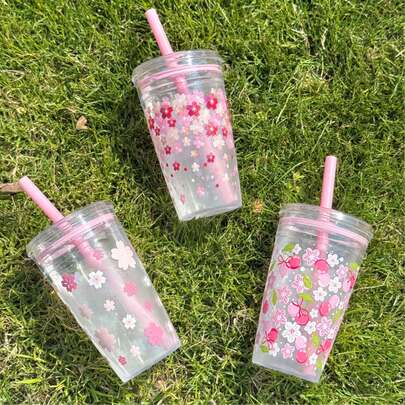 HILAKE 1pc Sakura Series Floral Plastic Water Cup With Pink Straw And Lid – Lightweight, Durable – Perfect For Cold Drinks, Juices, And Summer Hydration – Ideal Gift For Family, Friends, And Colleagues For Cherry Blossom Season, Mother's Day, Back To School