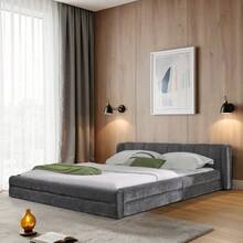 Double Bed 160*200cm, Chenille Fabric, Comfortable Backrest, Sturdy Eucalyptus And Iron Frame, Easy To Assemble, Dark Grey (Without Mattress) - Dark Grey - View 1