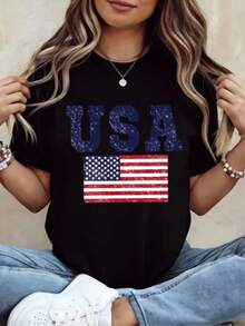 Women Loose 100% Cotton Graphic Tee, 250th American Independence Patriotic Print Top, Machine Washable Casual Outfit For 4th Of July Party Events - 黑色1 - 查看 1