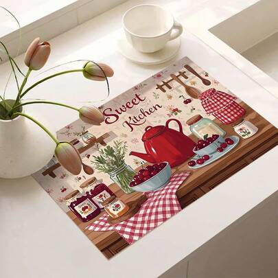 1件复古风格厨房、早餐、咖啡、红色茶壶、樱桃碗、格子桌布、果酱罐、躺在木桶中的高地牛、周围环绕着向日葵、粉色花朵和蝴蝶图案印花咖啡吧垫、沥水垫、咖啡机软硅胶沥水垫、软橡胶沥水垫、超强吸水耐磨餐具沥水垫，适用于台面、餐厅、厨房餐桌装饰、露台餐桌、家用厨房用品、台面装饰垫