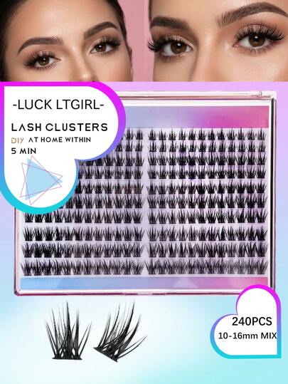 240pcs C/D Curl 10-16mm Cluster False Eyelashes DIY Kit With Eyelash Applicator, Suitable For Natural Lash Building At Home