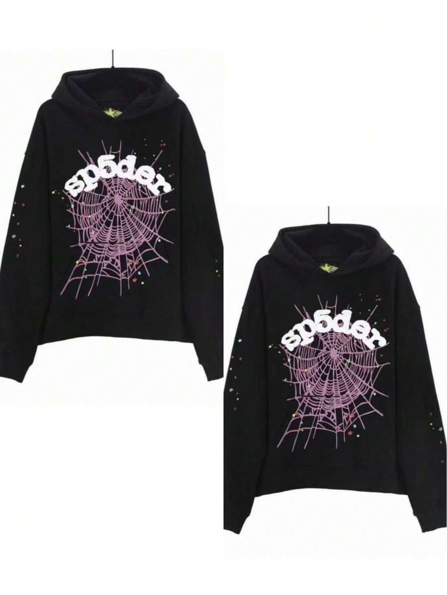 2-Piece Set Men's Hip Hop Spider Web Pattern Graphic Alphabet Print Harajuku Vintage Hoodie Long Sleeve Street Wear Top For Both Men And Women Oversized Hoodies,Y2k Hoodies Hip-Hop Style, - 黑色*2 - 查看 1