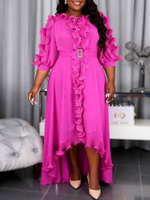 Vestido de verano elegante de gasa con bajo asimétrico para mujer de talla grande, diseño con volantes en capas, decoración con cintura anudada, falda acampanada, adecuado para invitada de boda, fiesta de primavera - Rosa Fucsia - Ver 9