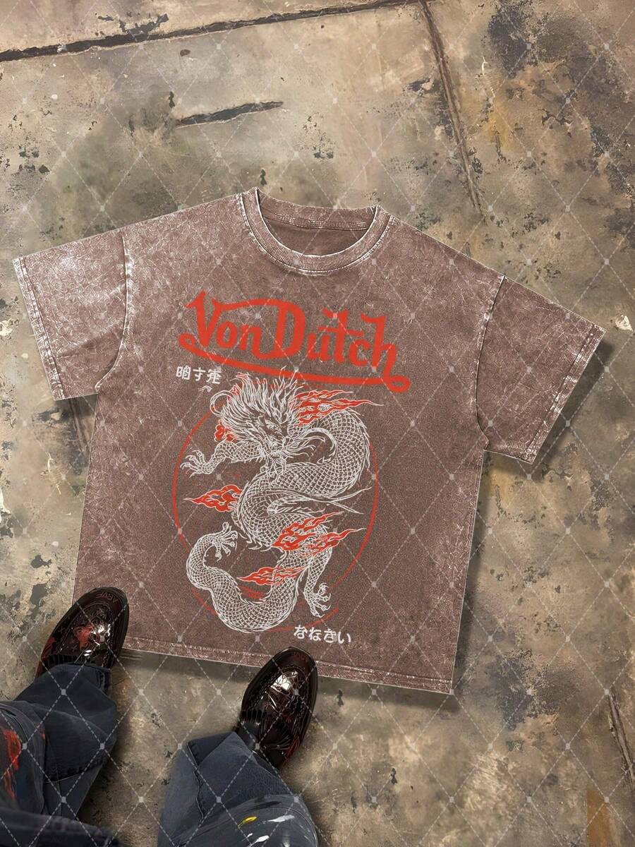 CHAOSHU Van Dutch White Dragon Flame Japanese Text Graphic Men's 230g Combed Washed Cotton T-Shirt, Street Short-Sleeve Top, Japanese Tattoo Retro Style Apparel, Spring Summer Crew Neck Top, Suitable For Summer Daily Casual Wear - 咖啡棕 - 查看 1