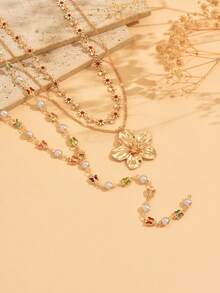 3pcs/Set Vintage Versatile Colorful Butterfly & Faux Pearl Y-Necklace, Fashionable Gold Flower Pendant Design Jewelry For Women, Suitable For Daily Wear, Dates, Parties, Music Festivals. The Butterfly Chain Colors Are Random. - Multicolor - View 3
