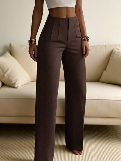 Women's Solid Color Wide Leg Straight Casual Pants, Minimalist Business Versatile Commuter Trousers Spring