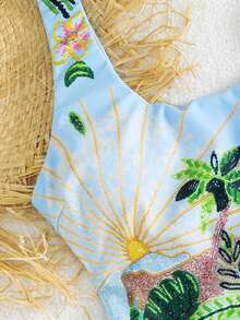 QKJ Bộ đồ bơi liền thân in hình cây cọ và vẹt gợi cảm mới năm 2026, thích hợp cho kỳ nghỉ biển, bikini sexy, trang phục đi nghỉ mát cho nữ, trang phục đi biển cho nữ, trang phục mùa hè cho nữ, đồ bơi cho nữ. - Màu xanh nhạt - Xem 4