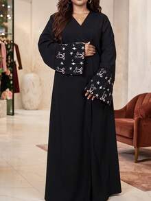 Elegant Black Muslim Women's Long Sleeve V-Neck Modest Dress, Featuring Pink & White Embroidered Cuffs, Front Opening A-Line Design, Made Of Smooth Polyester Fabric, Suitable For Muslim Women's Daily, Office And Casual Wear Spring - Black - View 1