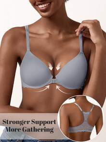 White Women's Lace Racerback Bra - Front Closure Design, Floral Lace Accent On Back, Comfortable Support & Easy-On Feature - Grey - View 4