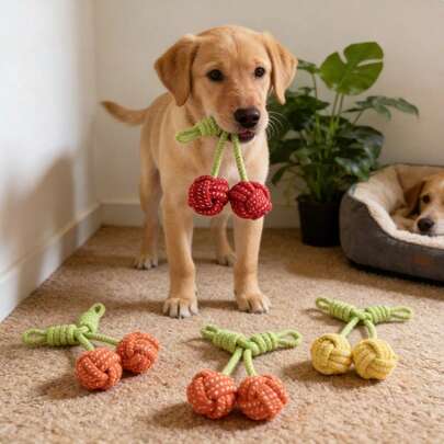 Đồ chơi gặm hình quả anh đào dễ thương, bền chắc dành cho chó, thiết kế thắt nút dây thừng, đồ chơi làm sạch răng không gây hư hại, phù hợp cho chó con giống nhỏ/trung bình, đồ chơi tương tác giúp giảm lo âu và buồn chán.
