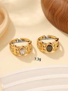 两件套不锈钢时尚简约金色戒指，镶嵌黑白水钻，适合女士日常佩戴或作为礼物 - 金黃色 - 查看 4
