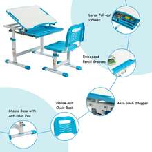 COSTWAY Height Adjustable Kids Study Table And Chair Set With Tilting Tabletop, Blue - Blue - View 3