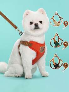Comfortable Breathable Cute Bear Pattern Pet Leash Set, Suitable For Small Dogs Like Poodle And Bichon Frise When Going Out - Khaki - View 1