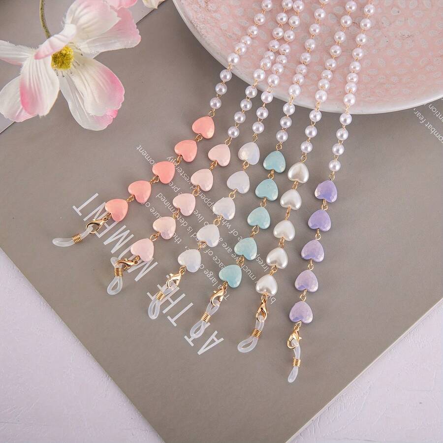 1 Piece Heart-Shaped Faux Pearl Pendant Glasses Chain, Anti-Slip And Anti-Loss Sunglasses And Reading Glasses Lanyard, Mask And Glasses Strap, Glasses Holder [Huang Yunying] - 白色 - 查看 1