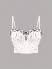 Áo lót bralette đính kim cương trắng gợi cảm, kiểu áo khoác ngoài sành điệu hoặc áo croptop độc lập, áo hai dây mảnh họa tiết xương cá. - trắng - Xem 2