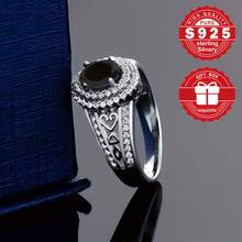 1pc S925 Sterling Silver Ring, Hollow Heart Engraved Design, Inlaid With Black Synthetic Zirconia And Multiple White Synthetic Zirconia Stones, Suitable For Daily And Business Occasions, Great Gift For Mother's Day/Christmas/Valentine's Day/Birthday, Comes With Gift Box - Silver - View 6