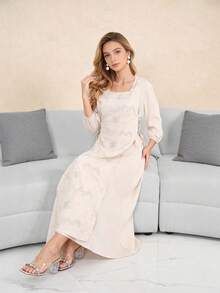 2026 New Style Festival Traditional Elegant Embroidered Floral Arabic Dress, Modest Abaya With 2 In 1 Design, 3/4 Sleeve, Fashionable And Graceful - Apricot - View 11