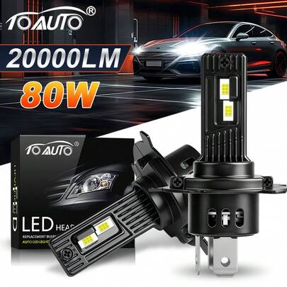 TOAUTO مصباح أمامي LED 80 واط 20000 لومن 2 قطعة H4 ، 9005 ، 9006 ، H11 ، H7 ، مصباح أمامي LED توربيني بدون مروحة شعاع عالي/منخفض ، رقاقة 7035