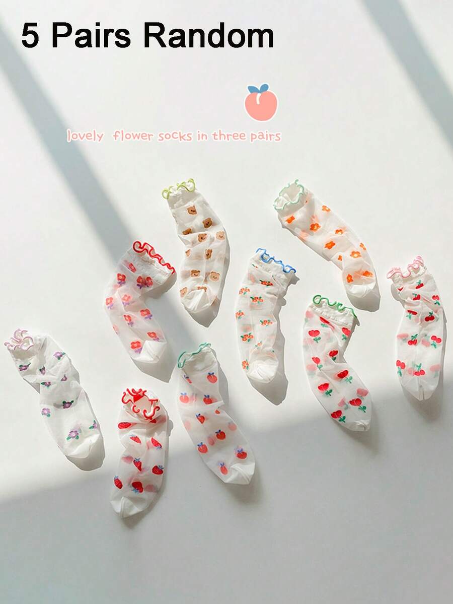 5双/1双可爱甜美荷叶边真丝长筒袜，春夏轻盈水晶长筒袜，防滑中筒袜，适合5-16岁女孩 - 彩色 - 查看 1