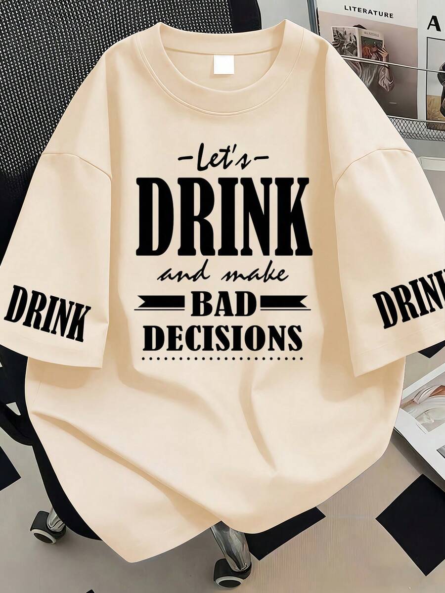 Camiseta de manga corta de uso diario versátil y casual con cuello redondo y estampado de letras para mujer de talla grande - Albaricoque - Ver 1