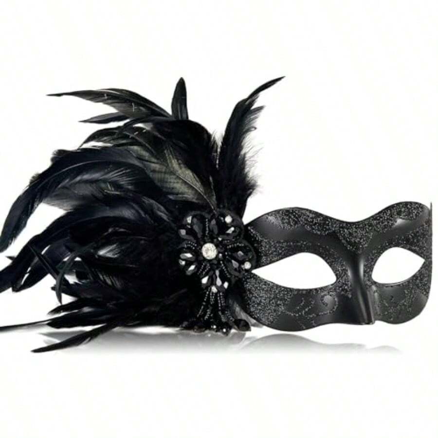 YQQ-2025 New Black Masquerade Masks For Women With Feathers - Womens Mascarade Venetian Mask For Masquerade Party Mardi Gras Halloween Cosplay Prom Christmas1022 - 黑色的 - 查看 1