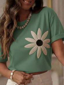 Stylish Women's Daisy Print T-Shirt - New Release - 100% Cotton T-Shirt - Loose Oversized Plus Size T-Shirt - Asphalt Vibe - xanh quân đội - Xem 1