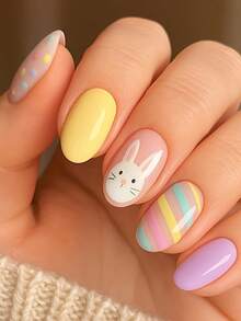24pcs Easter Theme Oval Nail Stickers, Soft Color Striped Dotted Pattern, Cute Rabbit Design, Glossy Finish, Full Coverage Artificial Nails, Adorable Bunny Pattern, Suitable For Daily Wear - Multicolor - View 7