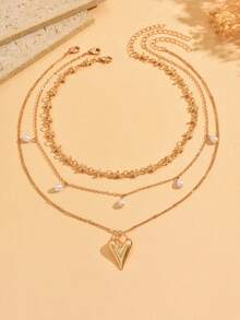3pcs/Set Minimalist Multi-Layer Gold Chain Necklace Set, Fashionable Faux Pearl Tassel Pendant Necklace, Versatile For Daily Wear And Party - Gold - View 2