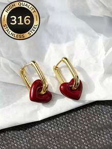 Cute Chic Heart-Shaped Hoop Earrings - 316 Stainless Steel Gold U-Shape Clasp Hoop Earrings For Daily Wear, Fashionable - A Jewelry Gift For Her - Heart - View 9