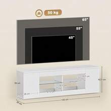 140cm TV Stand, TV Unit, 6 Compartments, 2 Glass Shelves, Particle Board, White - White - View 2