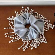 1pc Light Blue Satin Pearl Tassel Hair Scrunchie, Delicate Spring/Summer Vibe Hair Accessory - Baby Blue - View 7
