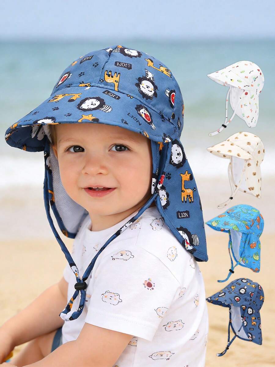 1顶儿童/幼儿卡通动物印花防晒帽，带可调节下巴带，适合沙滩和户外夏季佩戴 - 1PC - 查看 1
