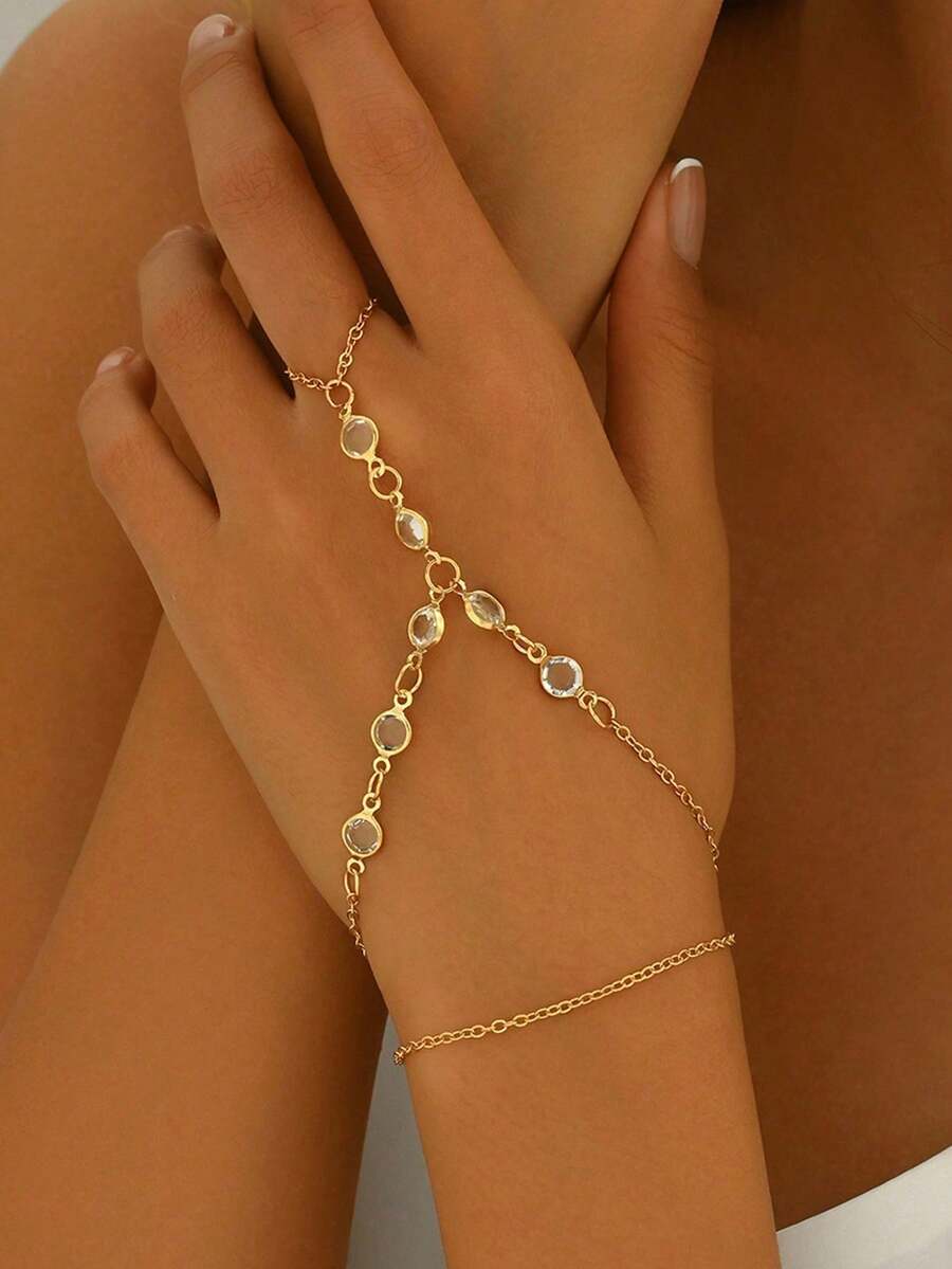 1 件装多功能手链夏季时尚个性化单指水钻手链冷调多层戒指链女士 - 金色 - 查看 1