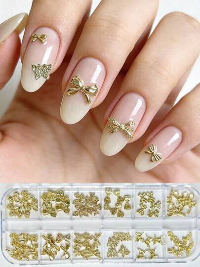 1盒金色美甲饰品套装 - 3D蝴蝶结金属美甲装饰，适合日常美甲和DIY手工。