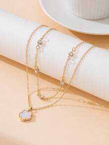 1 chiếc vòng cổ nhiều lớp kiểu dáng mùa hè mới, phong cách bãi biển, cổ điển, đa năng, tối giản, thanh lịch với mặt dây chuyền hình cỏ ba lá lấp lánh dành cho nữ. - trắng - Xem 2