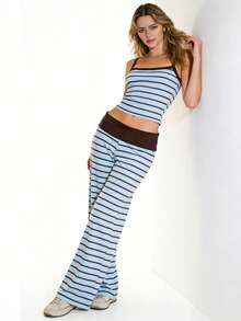 Conjunto de pijama de dos piezas para mujer, a rayas: camiseta sin mangas tipo camisola y pantalón holgado. Pijama suave para dormir. - Azul - Ver 2