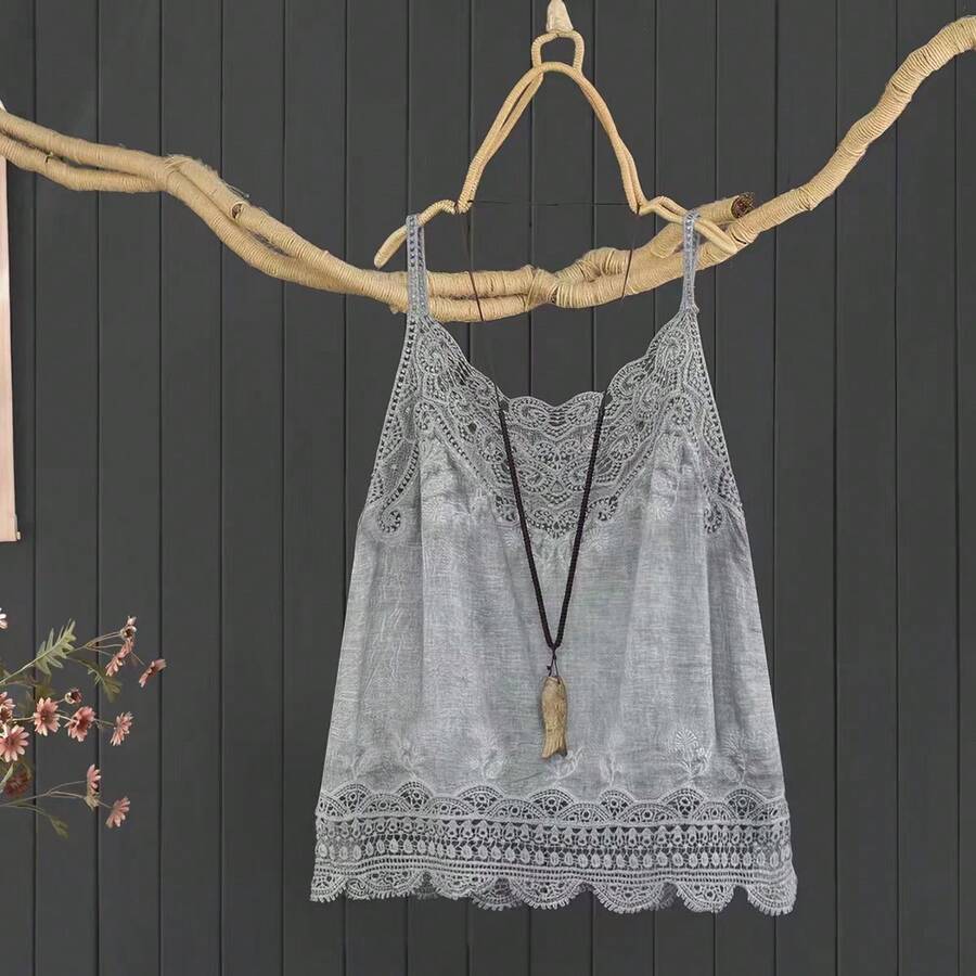 Camiseta de tirantes de mujer de verano con bordado de encaje calado y parches de unicolor en estilo vintage y casual - Gris - Ver 1